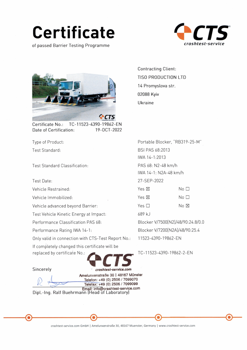 Certificate of TiSO Mobile mechanical road blocker RB319-25-M